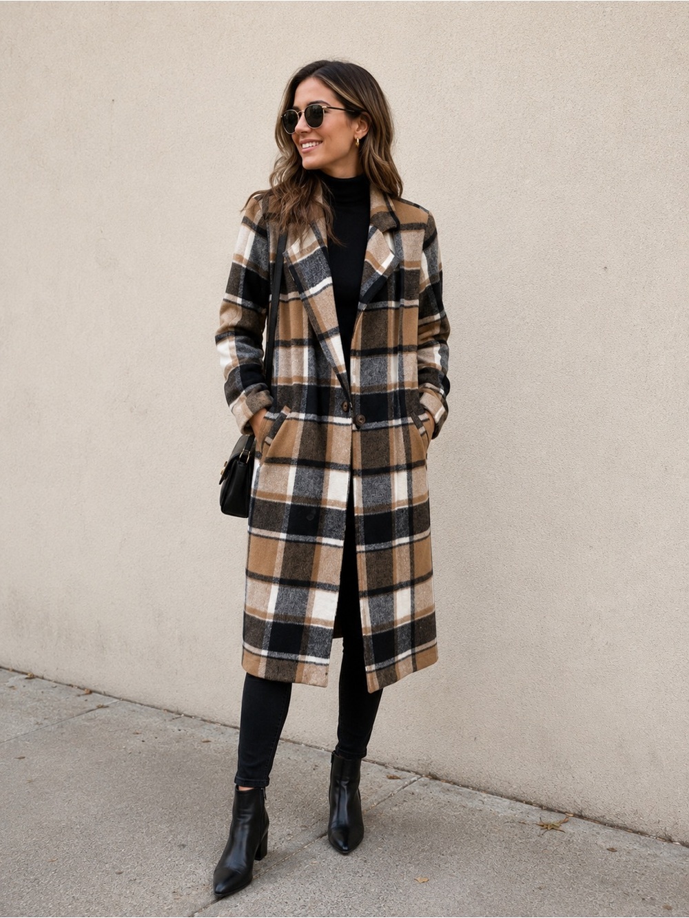 SHEIN Plaid Long Trench Coat in Tan, Black & Cream